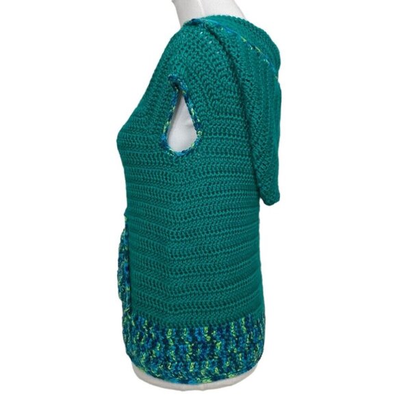 Handmade Women's New Green Crochet Hooded Cap Sleeve Knit Sweater S/C35 - Picture 4 of 5